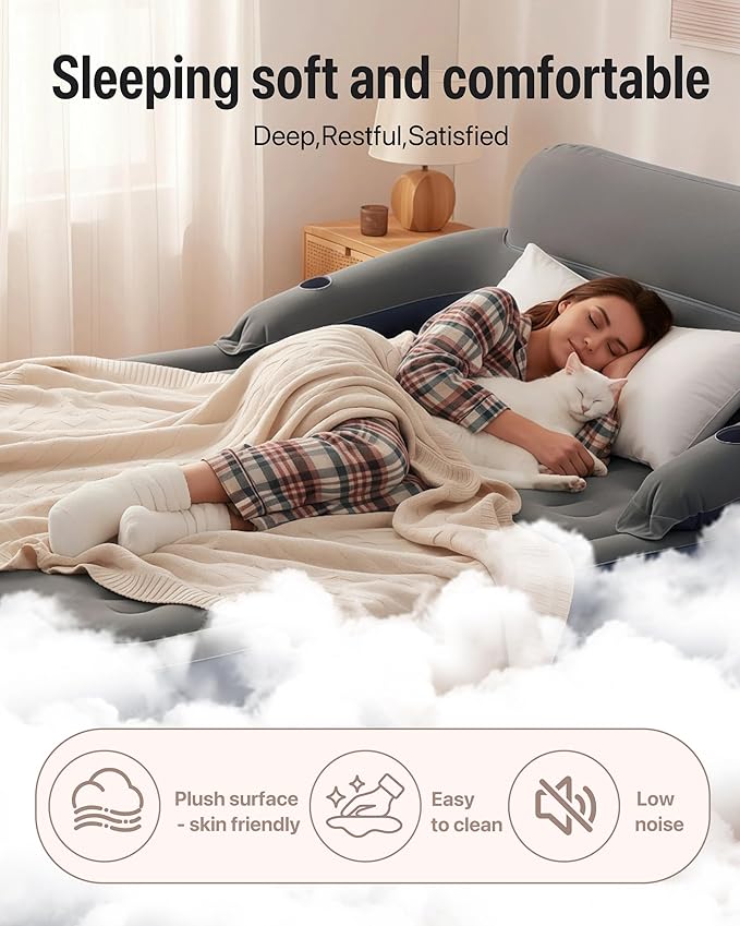A-ER-FA Queen Air Mattress with Detachable Headboard and Cup Holder - 20 Height 700lbs Capacity Comfort Inflatable Bed for Guests Home Camping and Travel Durable Construction,Colchón Inflable,Air Bed