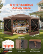 VEVOR Pop up Gazebo Screen Tent, 15 x 15 ft Large 8-Sided Camping Canopy Tent with Removable Top & Carry Bag, Quick-Set & Bite-Proof, Screen House Sun Shelter for 12-15 Persons Backyard Patio, Brown