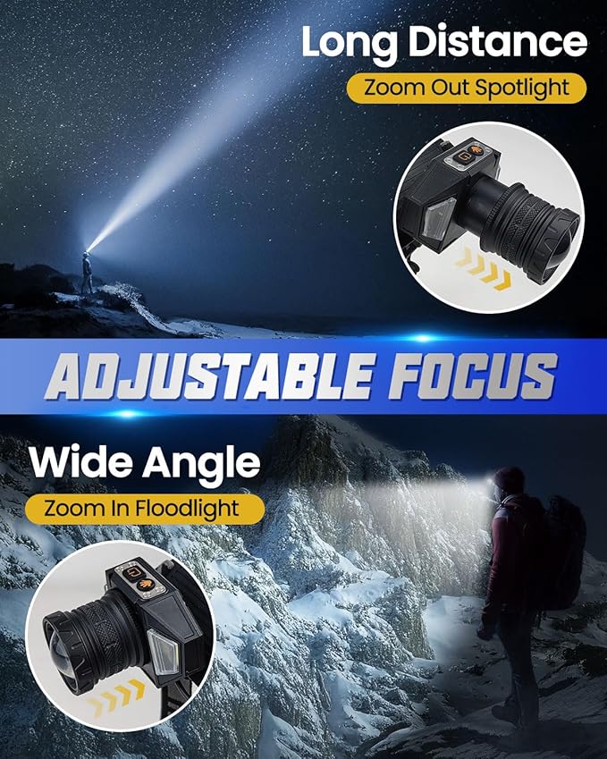 Rechargeable Headlamp, High Lumen LED Zoomable Head Lamp with Motion Sensor, Super Bright Headlight with 12 Modes & IPX5 Waterproof for Hardhat Outdoor Running Working Camping Fishing Gear