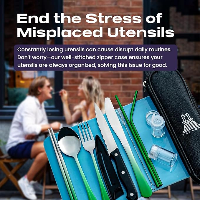 Portable Travel Silverware Set With Case - Includes 10 Pcs of Utensils, Stainless Steel Flatware For Camping, Easy to Travel, Lightweight (Green Two Tune)