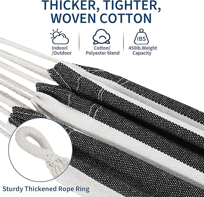 Double Hammock with Stand - Heavy Duty 450lbs Capacity, Portable Cotton Hammock for Two Adults, Indoor & Outdoor Use with Travel Bag, Black&White Stripe Pattern
