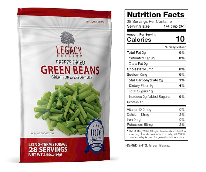 Legacy Essentials Freeze Dried Green Beans - 15 Year Shelf Life for Emergency Survival Food Storage Supply - Disaster Preparedness (Quantity 1)