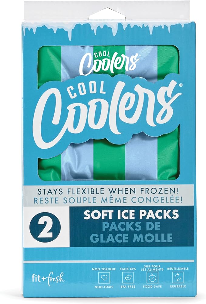 Cool Coolers Reusable XL Soft Ice Packs for Coolers, Long-Lasting Lunch Box Ice Pack, High Performance Quick Freeze, 2Pk, Blue & Green Stripe