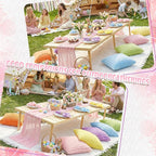 91 x 71 Extra Large Outdoor Boho Picnic Blanket with Pastel Table Runner, 6 Throw Pillow Covers 6 Napkins Woven Cotton Yarn Oversize Beach Blanket Washable Picnic Camp Wedding