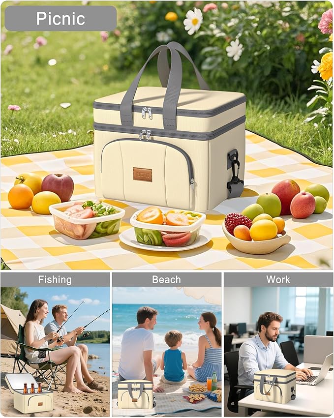 Rnivvi Lunch Box for Women, Double Decker Insulated Cooler Bag Lunch Bag Reusable Leakproof Tote Lunch Container with Strap for Work Family Picnic Hiking Camping, 18 Cans 12L, Large Adults, Beige
