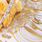bUCLA 300Pcs Clear Gold Plastic Disposable Dinnerware Set - Clear Plates with Gold Trim Include 50 Dinner / 50 Dessert Plates,50 Cups,150 Plastic Silverware Set for Party