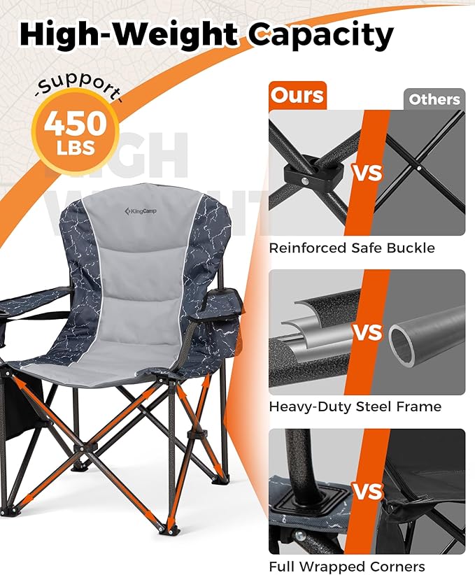 KingCamp Oversized Camping Folding Chair, Heavy Duty 450 LBS with Lumbar Support, Padded seat with Cup Holder&Cooler Bag, Ideal for Camp, Fishing, Sports Event, Backyard, Patio, Lawn (Lava Grey)