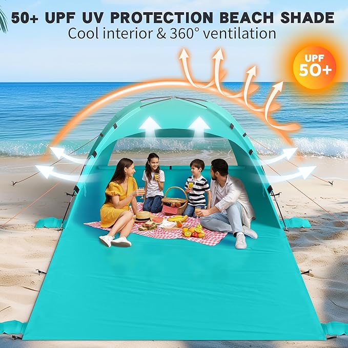 Beach Tent Sun Shelter with Extended Sand Mat 114×82inch，UPF 50+ Protection, 3 Double-Layer Windows for Enhanced Privacy; Portable Beach Shade, 3-4 People. Windproof and Waterproof