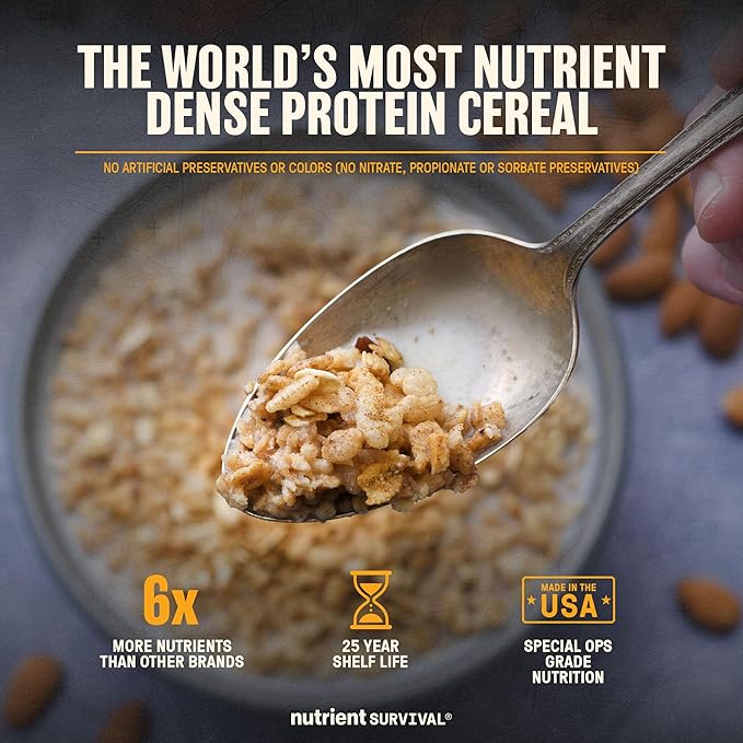 High Protein Cereal, Maple Almond Grain Crunch (12 Servings) Freeze Dried Prepper Supplies & Emergency Food Supply, Dairy & Gluten Free, Shelf Stable Up to 25 Years, One Can
