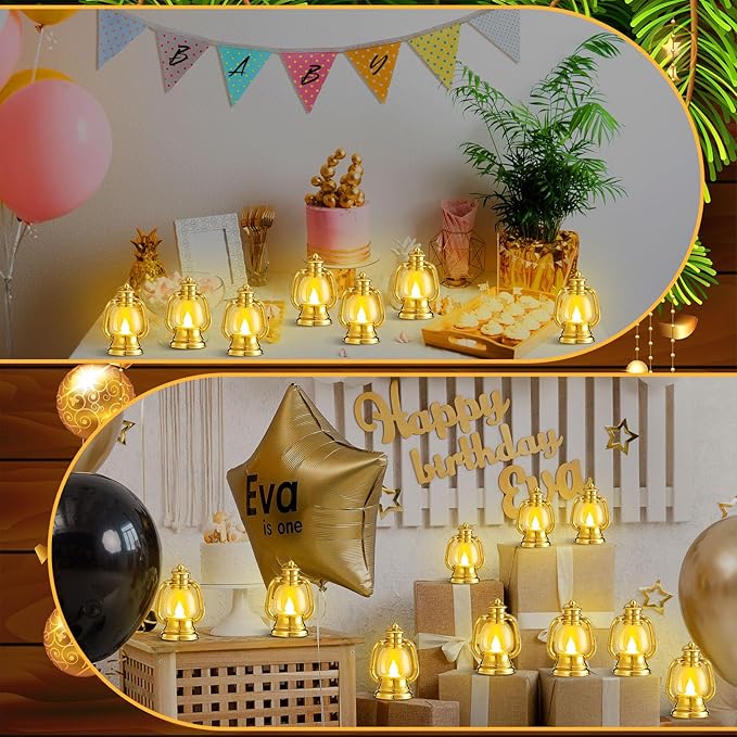 Ferraycle 12 Pcs Mini Lantern Decor 4 Inch Western Lantern Table Centerpiece Small Vintage Camping Hanging Lamp Ornaments Bulk for Cowboy Cowgirl Wedding Halloween Christmas (4 Inch,Gold)