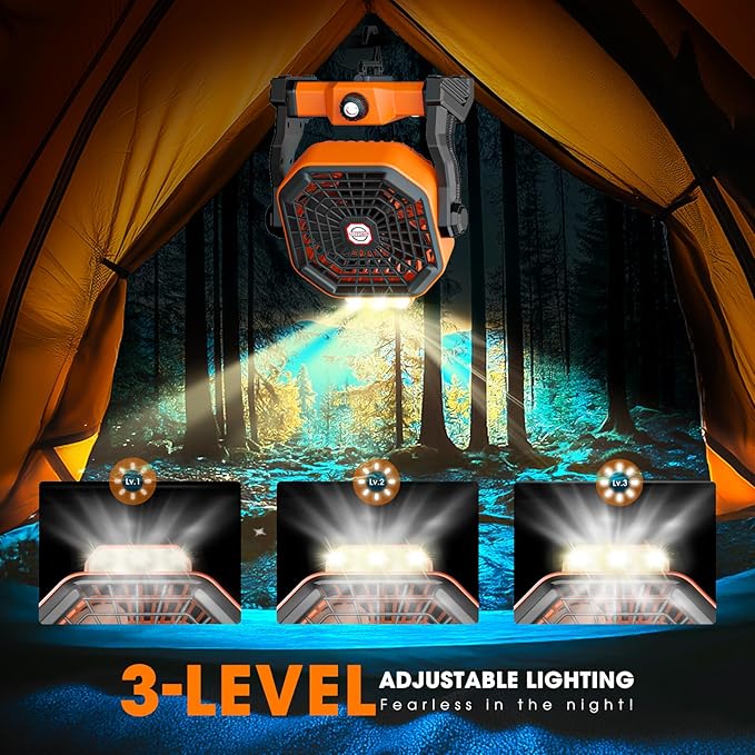 Drchop 30000mAh Solar Camping Fan, 10W Solar Powered Fans with Solar Panel, Rechargeable Fan & Led Lantern, Battery Operated Powered Outdoor Tent Fans for Camping Summer Essentials (Orange)