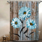 RV Camper Shower Curtain Rustic Farmhouse Floral Shower Curtains for Travel Trailer Bathroom Blue Daisy Flower Decor Fabric Camping Bath Accessories Set with Hooks 47 x 64 Inch