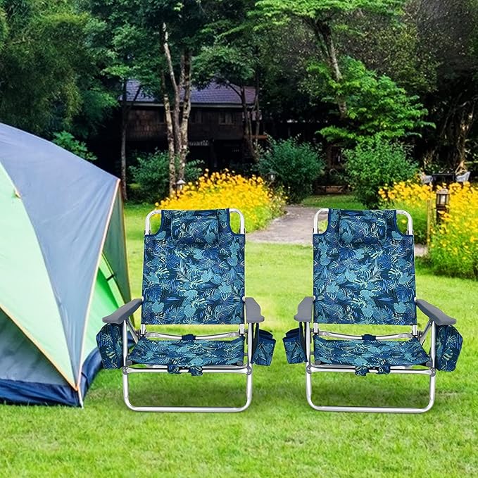 Goplus Beach Chair, Folding Backpack Beach Chairs for Adults with 5 Positions, Head Pillow, Cooler Bag, Towel Bar, Cup Holders, Sunbath Sling Tanning Lounge, Foldable Layout Camping Chairs