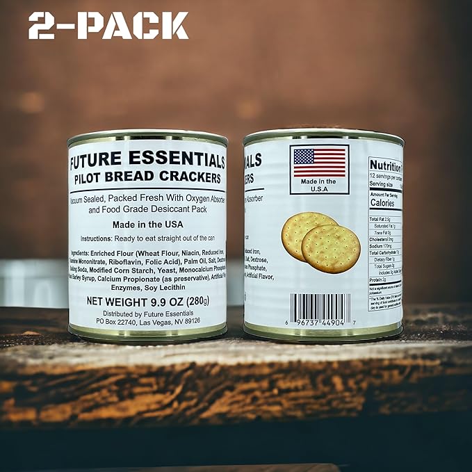 Future Essentials Sailor Pilot Bread Survival Crackers – 30-Year Shelf Life Ready to Eat Hardtack Biscuits in #2.5 Can – Made in the USA Emergency Food Supply – 12 Crackers per Can, Pack of 2