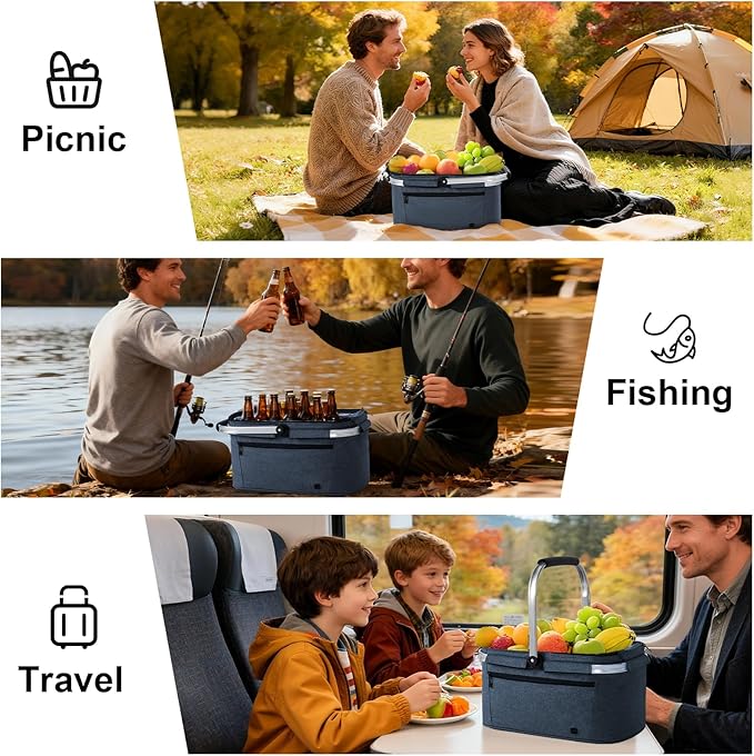ALLCAMP Picnic Basket - 2 Ice Box Included 32L Insulated Cooler, Thickening Foldable Picnic Basket with Removable Baskets & Sewn-in Frame, Basket for House Warming Gifts New Home(Blue)