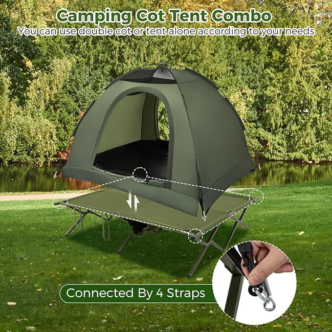 Tangkula 2 Person Tent Cot, Portable Off Ground Elevated Camping Tent with Cot, Removable Rainfly, Wheeled Bag, Stakes & Wind Ropes for Picnic, Hiking, Travel, Beach