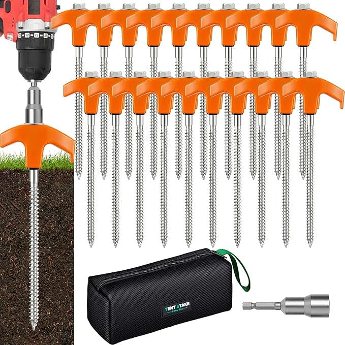 8" Heavy Duty Screw in Tent Stakes, Metal Camping Stakes, Drill-In Ground Anchor, Threaded Stakes for Canopies, Gardening, Yard Inflatables, with Hex Socket and Storage Bag (12, Orange)