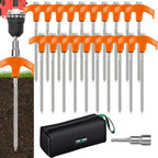 8" Heavy Duty Screw in Tent Stakes, Metal Camping Stakes, Drill-In Ground Anchor, Threaded Stakes for Canopies, Gardening, Yard Inflatables, with Hex Socket and Storage Bag (12, Orange)