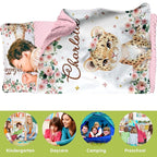 Custom Toddler Nap Mat for Preschool, Personalized Name Kids Sleeping Bag with Foral Leopard Design for Daycare, Roll Up Sleeping Mat with Removable Pillow and Soft Dot Minky Blanke for Girls Camping