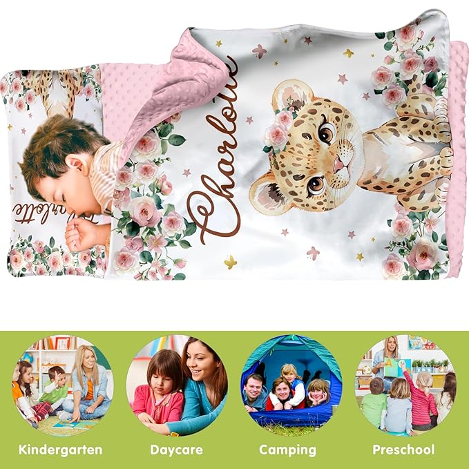 Custom Toddler Nap Mat for Preschool, Personalized Name Kids Sleeping Bag with Foral Leopard Design for Daycare, Roll Up Sleeping Mat with Removable Pillow and Soft Dot Minky Blanke for Girls Camping