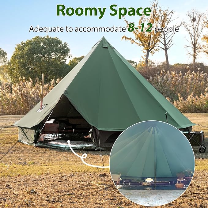 Cotton Canvas Bell Tent with Stove Jack, Roomy Yurt for Family Glamping Camping, 4 Season Tent with Zipped Removable Floor