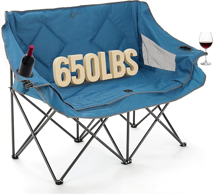 ARROWHEAD OUTDOOR Portable Folding Double Duo Camping Chair Loveseat w/ 2 Cup & Wine Glass Holder, Heavy-Duty Carrying Bag, Padded Seats & Armrests, Supports up to 500lbs, USA-Based Support