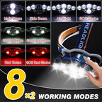 Rechargeable Headlamp,18000 Lumen Bright 8 Led Head Lamp, 16 Modes Adjustable Motion Sensor Headlight with Red Light, Waterproof Head Flashlight for Outdoor Hiking Camping Blue