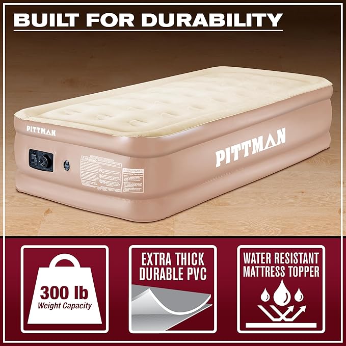 Pittman Outdoors - Tan 18" Luxury Double High Twin Air Mattress with Built in Pump - Premium Comfort Twin Size Blow up Mattress - 300lb Capacity - Ideal for Home Visits, Guests, Travel or Camping