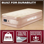 Pittman Outdoors - Tan 18" Luxury Double High Twin Air Mattress with Built in Pump - Premium Comfort Twin Size Blow up Mattress - 300lb Capacity - Ideal for Home Visits, Guests, Travel or Camping