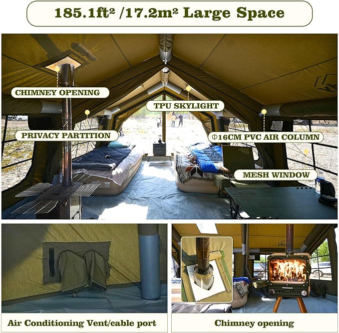 Coody Inflatable Canvas Camping Tents with Stove Jack – Premium Air Beam Family Glamping Tent, Breathable Cotton Canvas, Fast Setup Air Tent with Pump