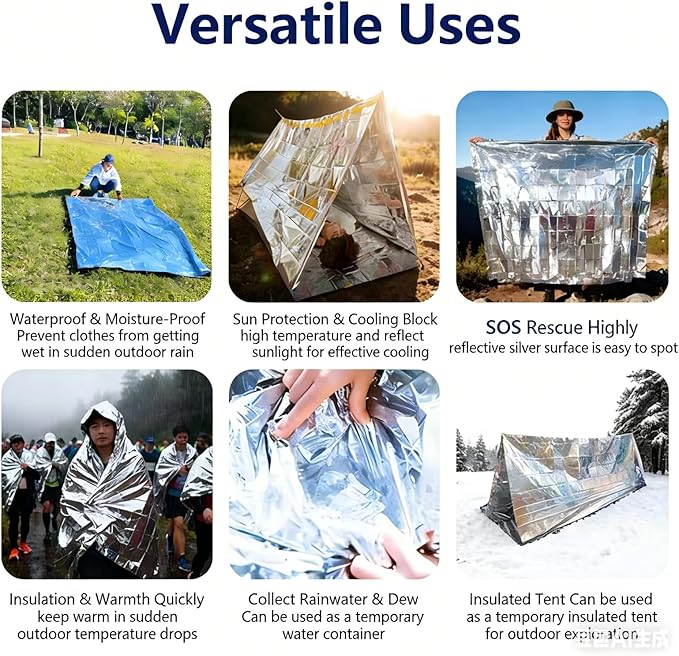 Emergency Survival Tent 2-Person Mylar Tube Tent – Windproof & Waterproof All-Weather Life Shelter, Must-Have Survival Gear for Camping, Hiking, Outdoor Emergencies & Survival Kits. Silver