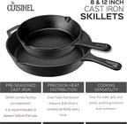 Cast Iron Skillet Set - 8" + 12"-Inch Frying Pan - Pre-Seasoned Oven Safe Cookware + 2 Heat-Resistant Handle Holder Grips - Indoor/Outdoor Use - Grill, Stovetop, Induction Safe. PFAS and PFOA-free