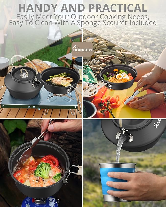 HOMGEN Ultralight Anodized Aluminum Camping Cookware Set for 2 People - Nesting Non Stick Pot/Pan with Foldable Handles Insulated Teapot & Stainless Cups - Compact Backpacking Gear for Camping/Hiking