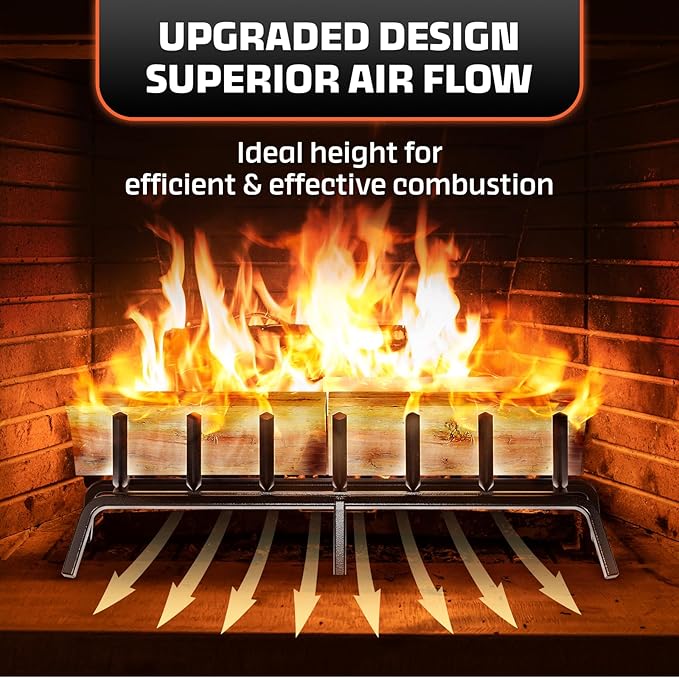Idzo Cast Iron Fireplace Grate 24 inch, 3/4" Bar Fireplace Log Grate with Additional Leg for Sturdy Stand & Better Air Flow, Quick Assembly Fireplace Wood Grate for Indoor & Outdoor