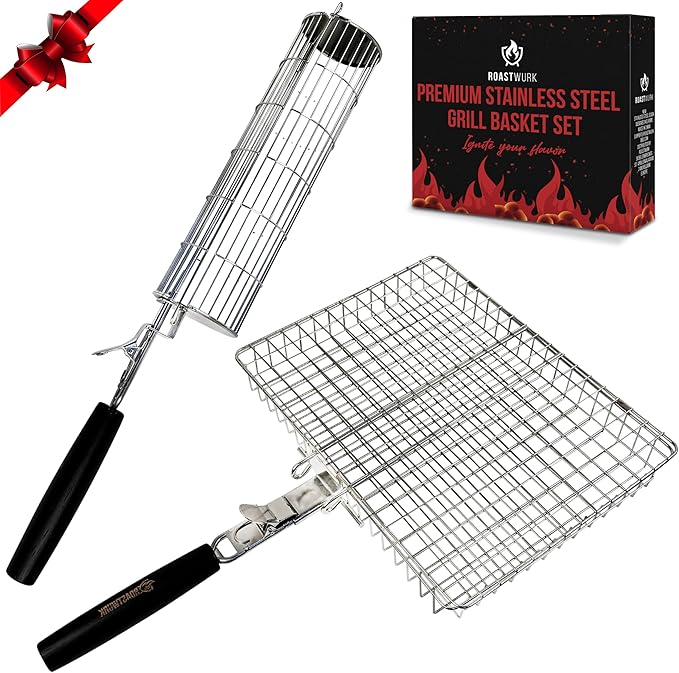 ROASTWURK's Bbq Grill Basket Set For Meat Fish Vegetables Stainless Steel 304 Barbecue Bbq Grilling Accessories Gifts For Men, Removable Wooden Handle Tool Shrimp Outdoor Cooking Camping Tailgating