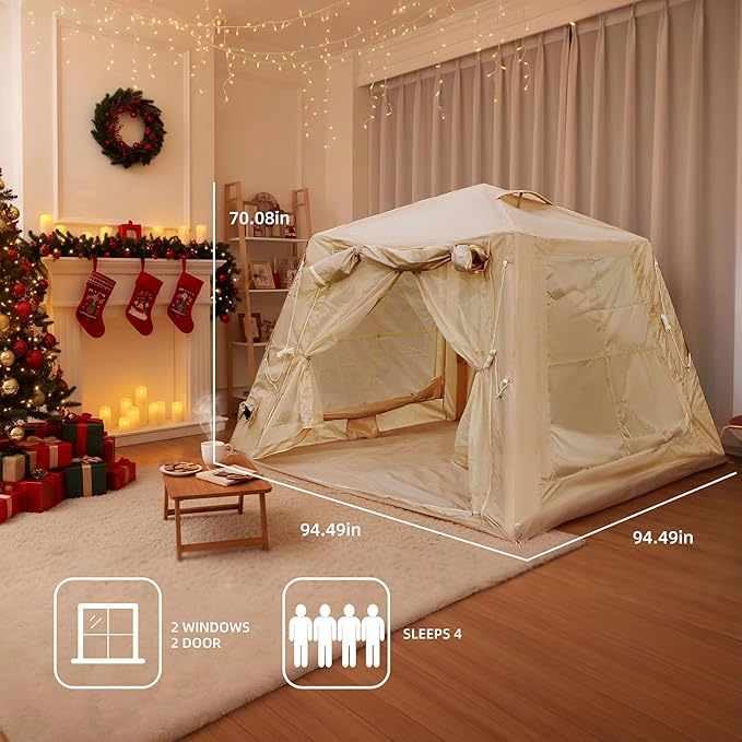 KEIKI Oxford Hot Tent for Camping, 2/3/4/6/8 Person Large Inflatable Tents w/Detachable Canopy, 4 Season Waterproof Tent for Hike Backpacking, Stove Jack AC Port, Mesh Doors Windows, Pump, Easy Setup
