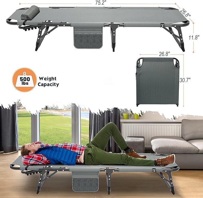 MOPHOTO Folding Chaise Lounge Chair 5-Position, Folding Cot, Heavy Duty Patio Chaise Lounges for Outside, Poolside, Beach, Lawn, Camping