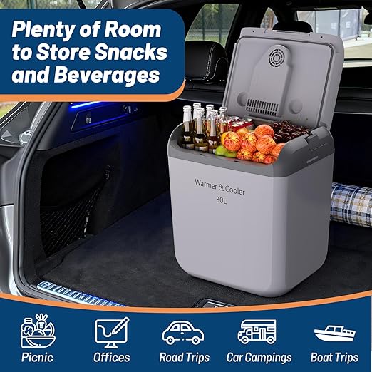 Garvee 32 QT (30 L) Electric Cooler & Warmer with Handle, Portable Car Refrigerator, 12V Car Cooler, 110V AC Home Power Cord, Plug In Coolers, Car fridge for Vehicle, Truck, Travel, Camping, Gray