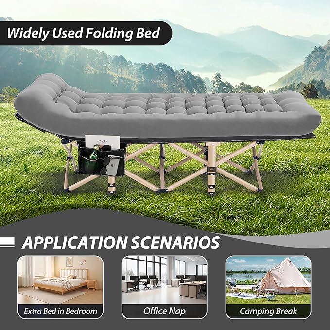 Folding Camping Cot for Sleeping, Portable Cots for Adults, Heavy Duty Cot Bed 550LBS(Max Load), Extra Wider Cots with Large Pocket for Outdoor, Office, Beach