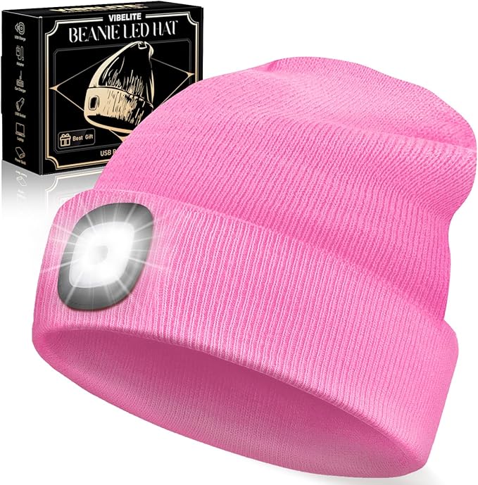 VIBELITE LED Beanie Hat with Light, USB Rechargeable LED Headlamp for Hiking, Camping, Gifts for Men, Dad, Teen Boys, Husband, Women, Boyfriend, Birthday Gifts for Women, Pink