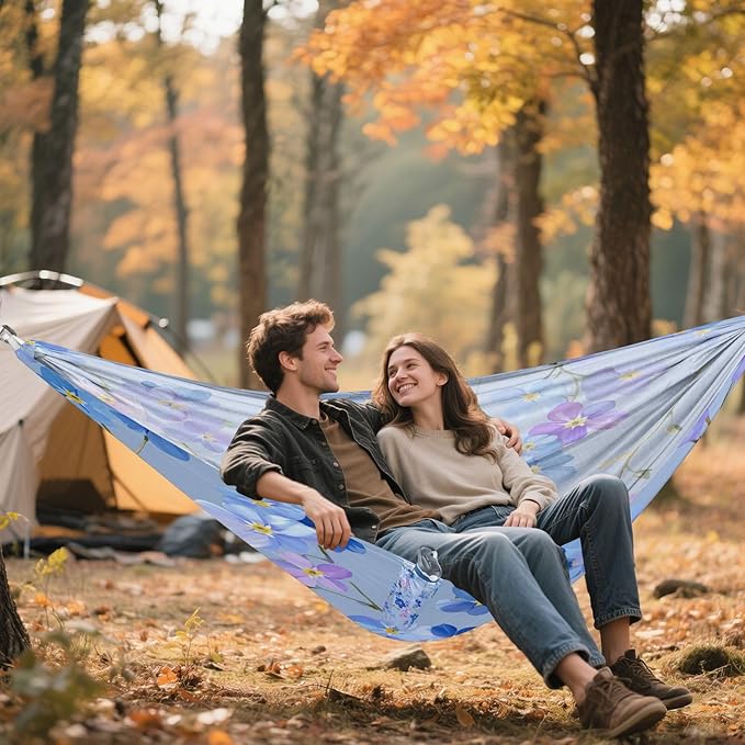 Blue Background Little Flowers Camping Hammock Single Portable Hammocks 330 lbs Capacity with 2 Tree Straps and Attached Carry Bag,Perfect for Outdoor,Indoor,Beach,Camping,Travel