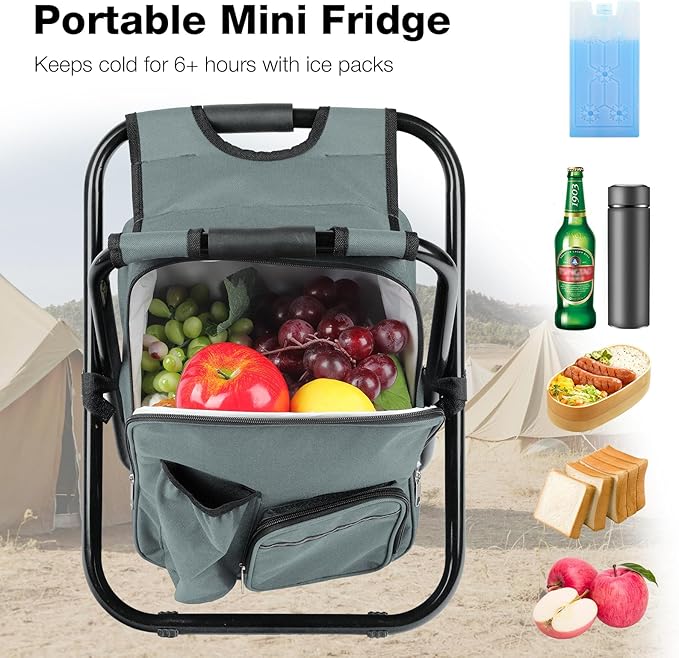 Portable Backpack Stool Cooler Chair for Adults, Folding Large 3 in 1 Multifunction Insulated Camping Seat Backpack Cooler Chair Heavy Duty 350lbs for Fishing Hunting, Gray
