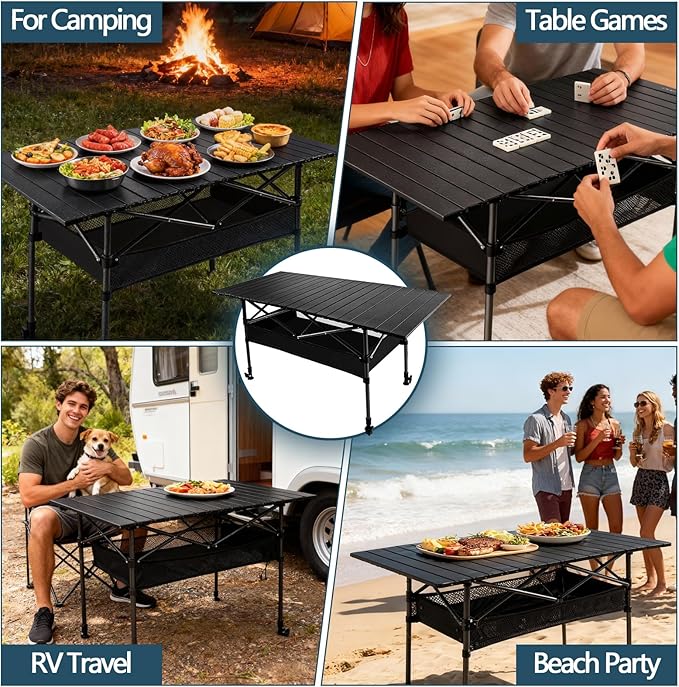 4FT Camping Table, 47" x 21" Steel Fold Up Lightweight Table, Adjustable Height Folding Picnic Table with Carry Bag for Camping, Picnic, Backyard, BBQ, Patio