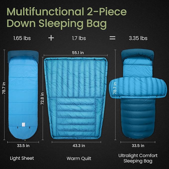 ATEPA Down Sleeping Bag for Adults, Recycled Ultralight 35°F 40°F 45°F 50°F 650FP / 700FP 3 Season Compact Sleeping Bags with Compression Sack for Backpacking Camping Hiking, Can Be Attached to Pad