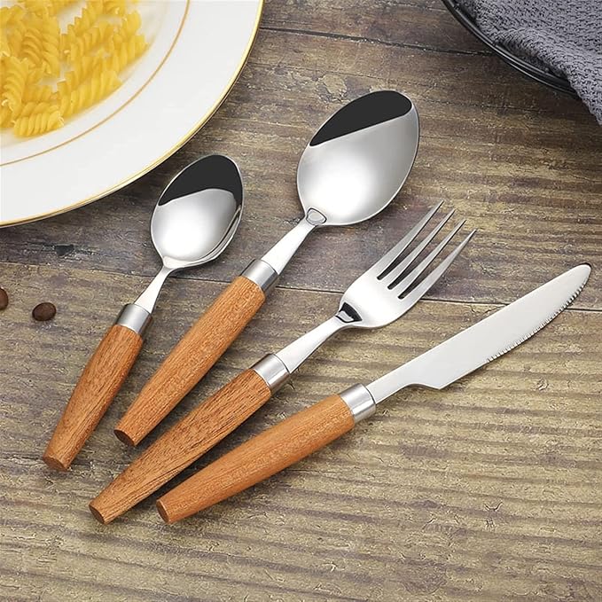 Japanese Flatware Sets Cutlery Sets Stainless Steel Wood Handle Knife Fork Spoon Mixed Cutlery Sets Western Tableware Dinnerware Cutlery Set Camping Travel Picnic Flatwar
