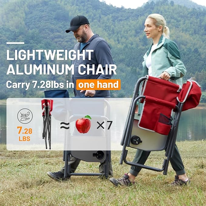 TIMBER RIDGE Lightweight Oversized Camping Chair, Aluminum Directors Chair with Side Table for Outdoor Camping, Lawn, Picnic and Fishing, Supports 400lbs, Red 2PCS