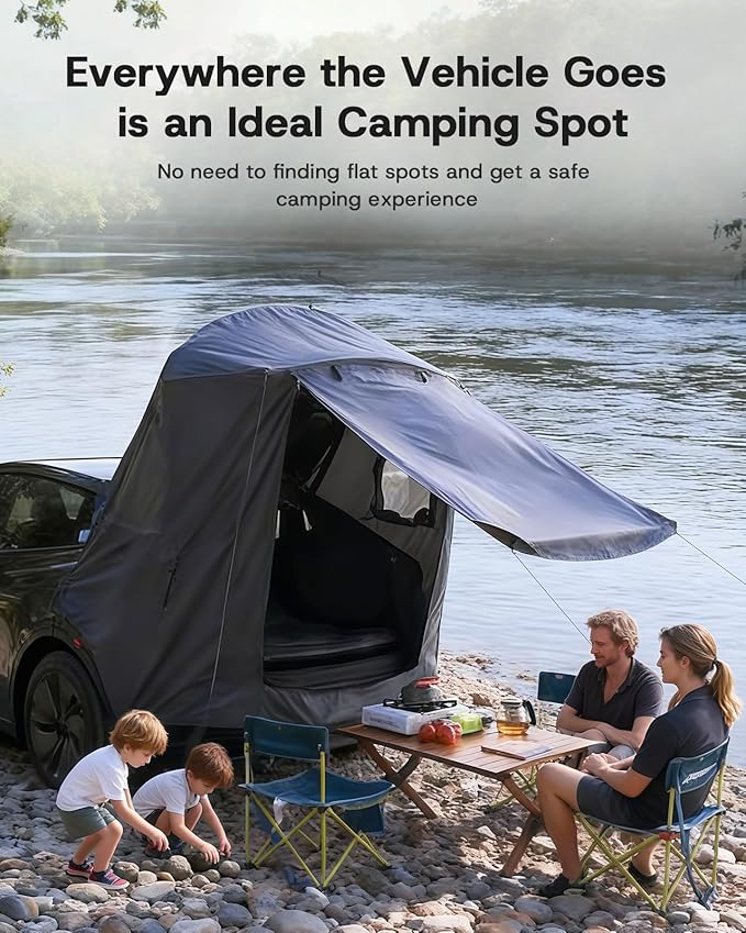 Tailgate Camping Tent for Tesla Model Y 2020-2024 Accessories [UPF50+ & Waterproof PU 3000mm] 420D Oxford Fabric Car Tailgate Shade Awning with Screen Net Suitable for 2-4 Person - Grey