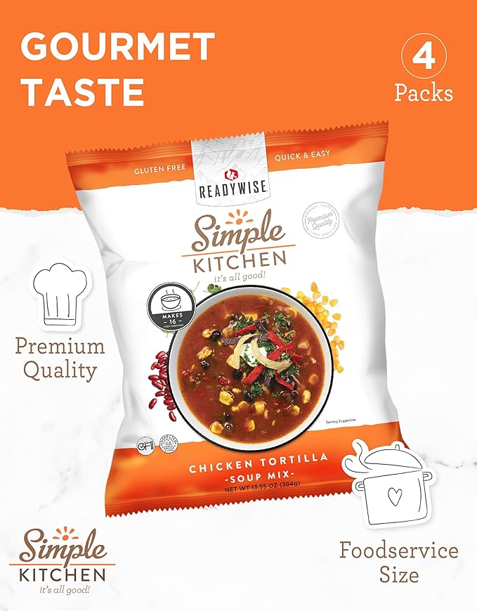 Simple Kitchen Chicken Tortilla Soup Mix – 16 Servings, Meal Prep Gluten Free Chicken Soup, Prepared Meals & Dehydrated Survival Food for Camping, Backpacking & Hiking, Survival Kit, Pack of 4, 1 Gal.