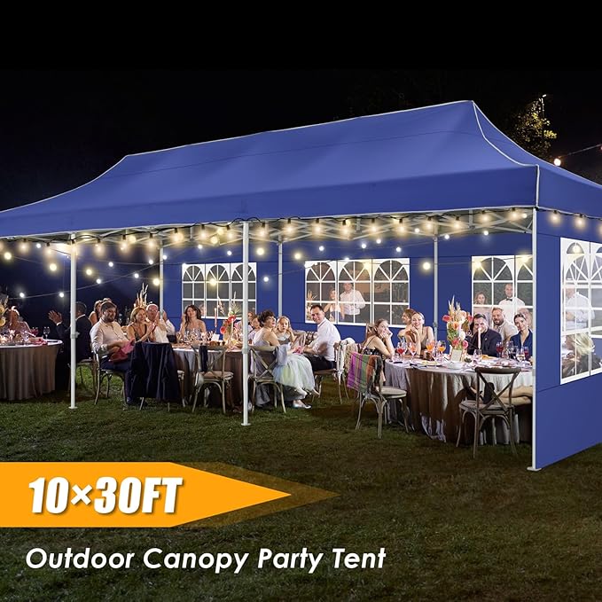 HOTEEL 10x30 Heavy Duty Pop Up Canopy Tent with Sidewalls, Tents for Parties Commercial Party Tent Event Wedding Instant Canopy Waterproof with Carry Bag, UV 50+, Thicked Hexagonal Legs, Deep Blue