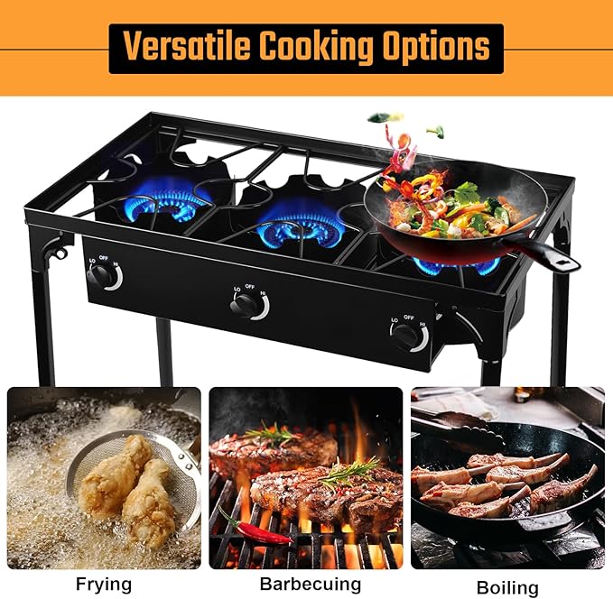3 Burner Propane Gas Stove, 200,000 BTU Outdoor Camping Cooker with Removable Legs, 0-20 PSI Regulator & Hose, Heavy-Duty Cast Iron Stand for Backyard Cooking, BBQ, Frying & Boiling